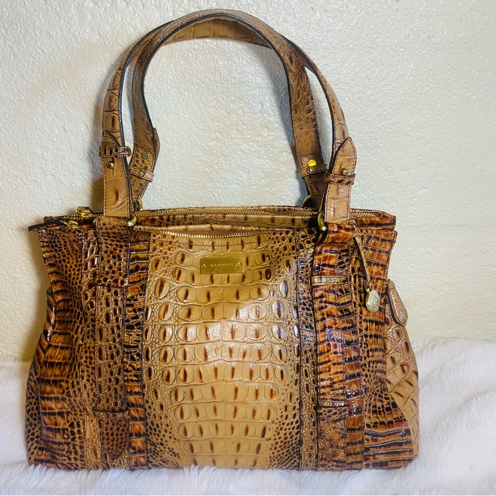 Brahmin Shelby Tan Brown Alligator Embossed Leather Divided Satchel Shoulder Bag